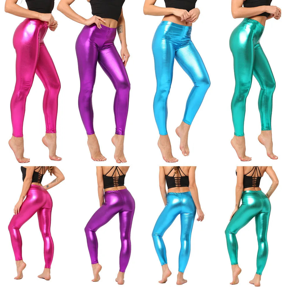 Metallic Color PU Leggings Women Shiny Legging Leather Pants Candy Color Workout Leggings Casual Jeggings New Dancing Party Pant