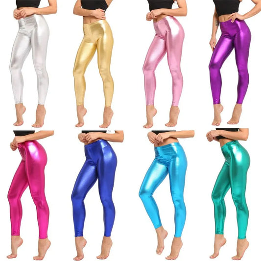 Metallic Color PU Leggings Women Shiny Legging Leather Pants Candy Color Workout Leggings Casual Jeggings New Dancing Party Pant