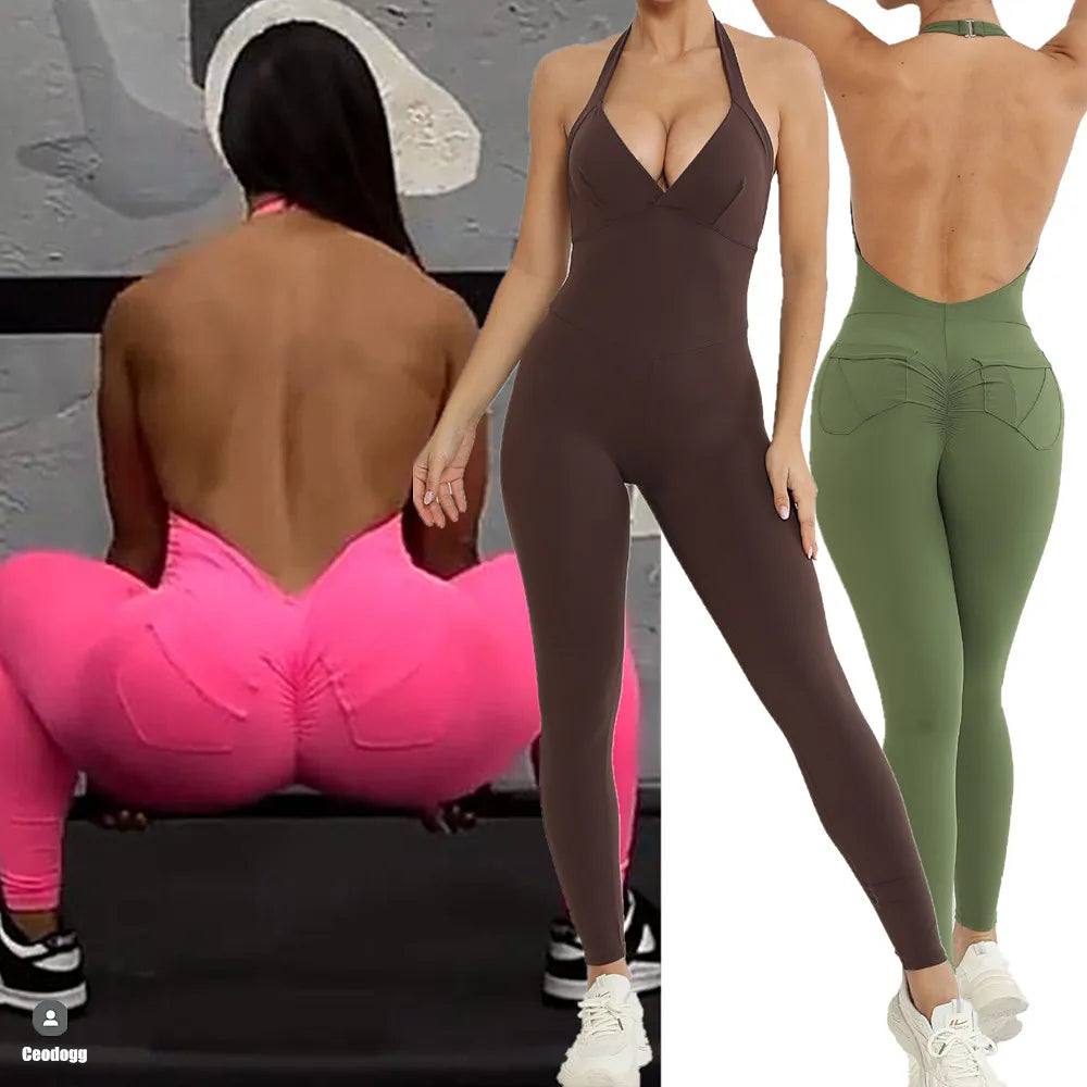 2024 Nylon Backless Halter V Cut Back Pocket Yoga Set Scrunch Gym Workout Pant Squat Proof Fitness Legging One Piece Jumpsuit
