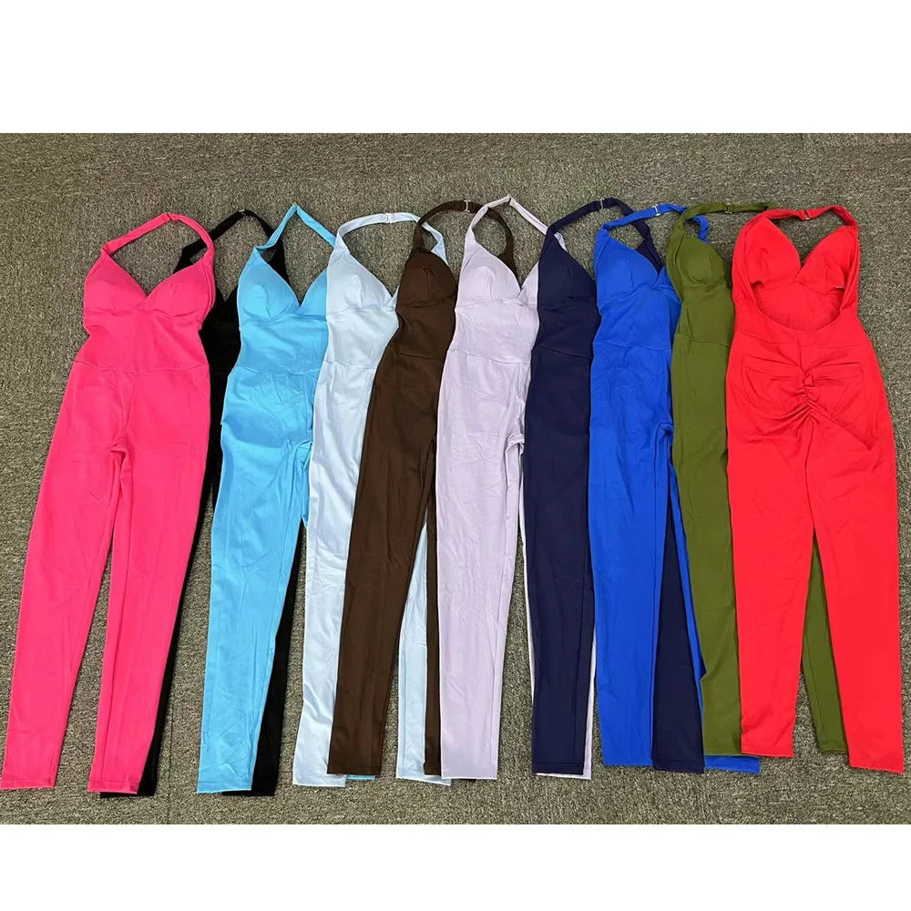 2024 Nylon Backless Halter V Cut Back Pocket Yoga Set Scrunch Gym Workout Pant Squat Proof Fitness Legging One Piece Jumpsuit