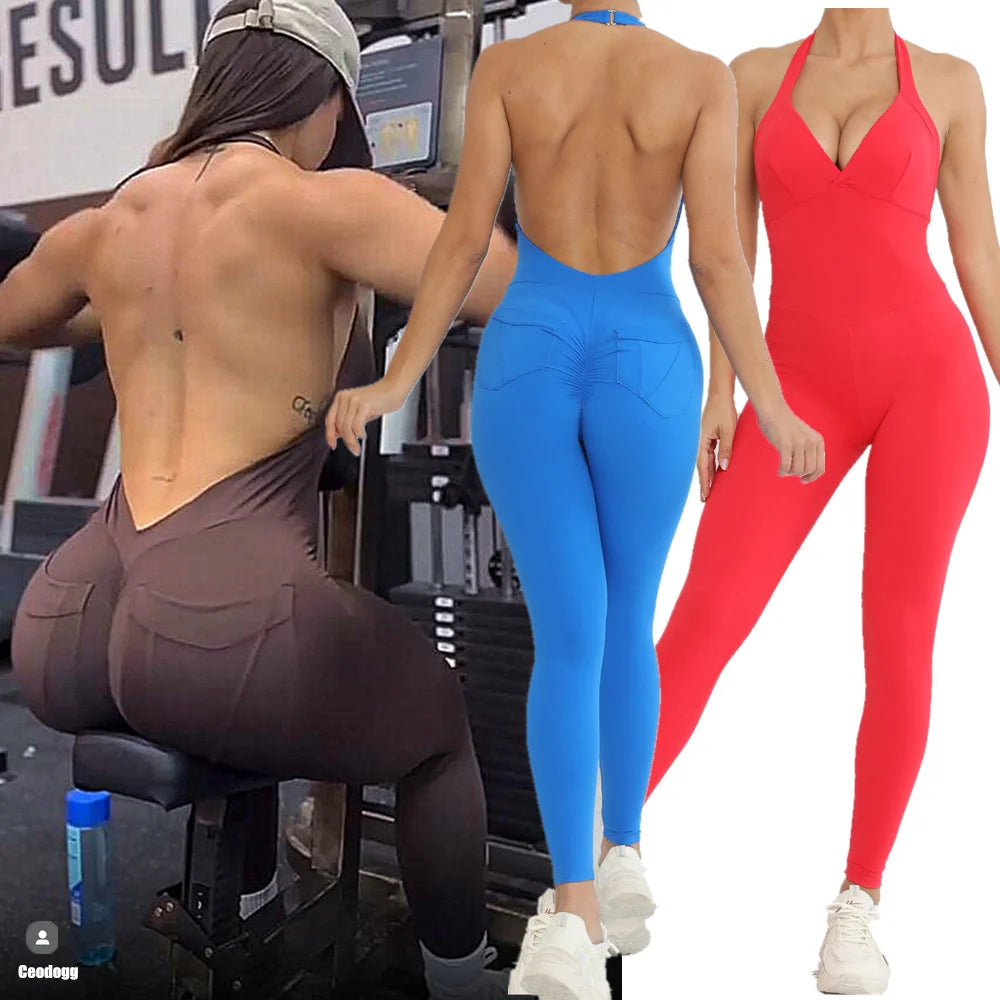 2024 Nylon Backless Halter V Cut Back Pocket Yoga Set Scrunch Gym Workout Pant Squat Proof Fitness Legging One Piece Jumpsuit