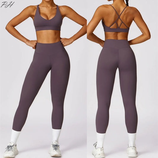 2Pcs Fitness Set Women Breathable Gym Yoga Sport Sportswear Sexy Sport Bra Top High Waist Leggings Suit Purple Workout Tracksuit