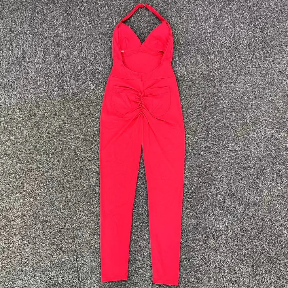 2024 Nylon Backless Halter V Cut Back Pocket Yoga Set Scrunch Gym Workout Pant Squat Proof Fitness Legging One Piece Jumpsuit