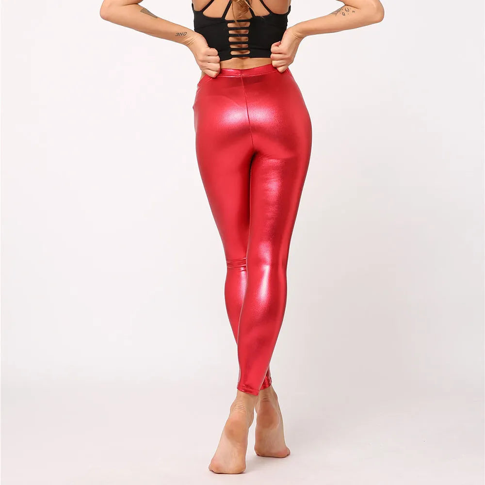 Metallic Color PU Leggings Women Shiny Legging Leather Pants Candy Color Workout Leggings Casual Jeggings New Dancing Party Pant