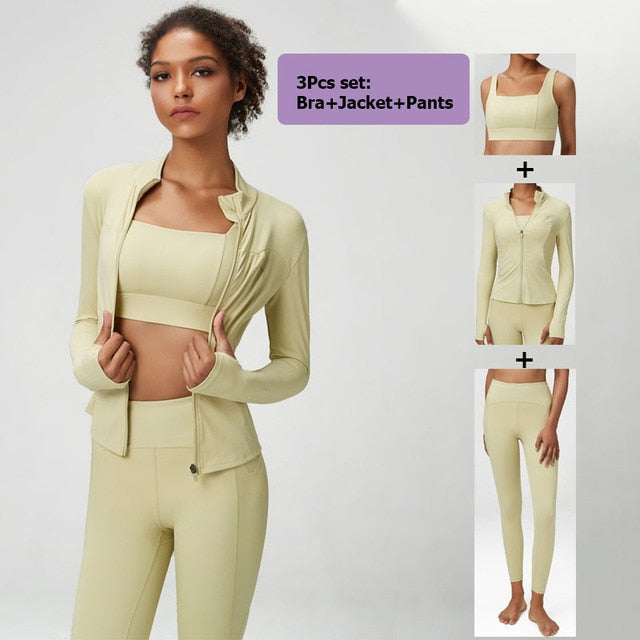 3Pcs Fitness Yoga Set Women Workout Athletic Clothing Long Sleeve Shirt Gym Bras High Waist Leggings Tights-Fitting Sportswear