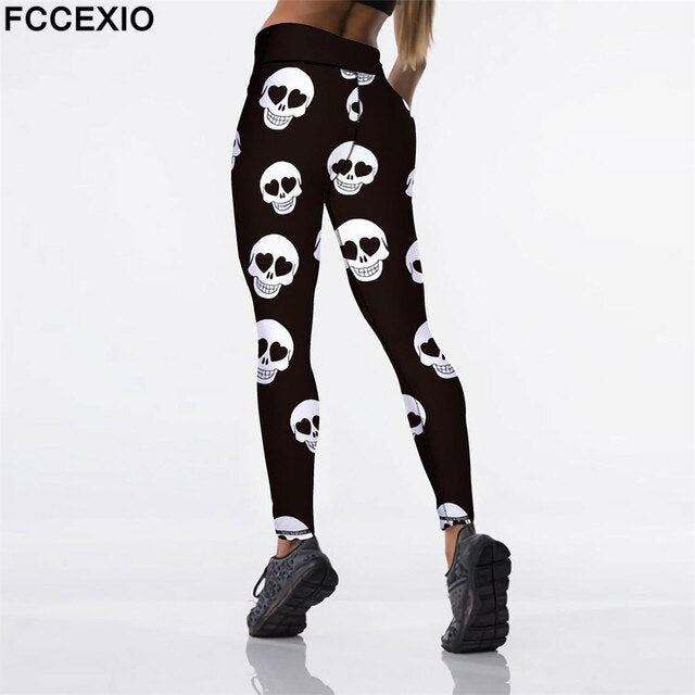 FCCEXIO 3D White Skull Head New Sexy High Waist Fitness Print Leggings Women Workout Push Up Legging Slim Jeggings Women Pants