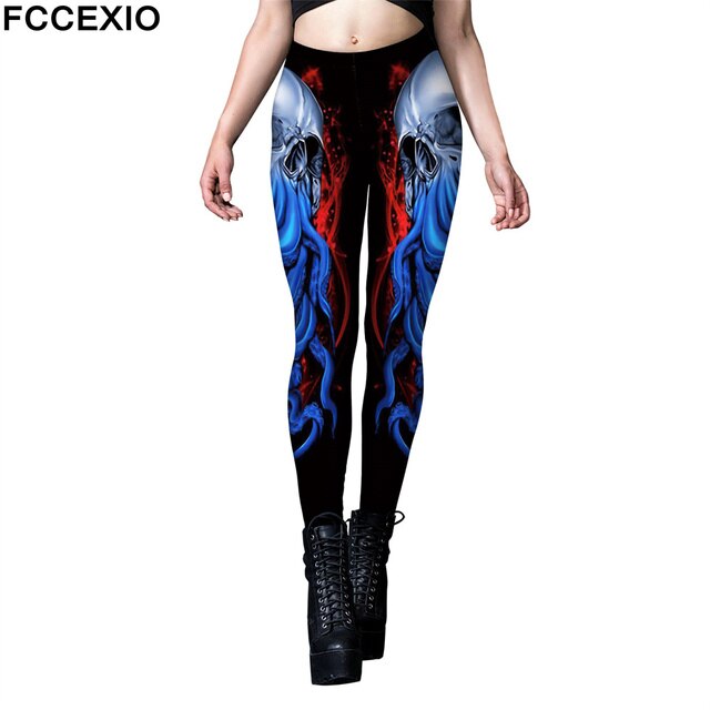 FCCEXIO Halloween Party Rose Skull Print Women Legging Womens Fitness Fashion Leggings Push Up Stretch Leggins Mujer Cosplay
