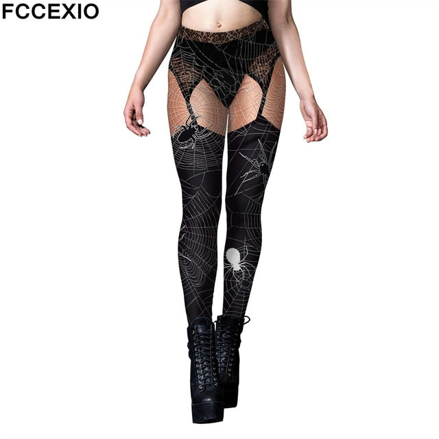 FCCEXIO Halloween Party Rose Skull Print Women Legging Womens Fitness Fashion Leggings Push Up Stretch Leggins Mujer Cosplay