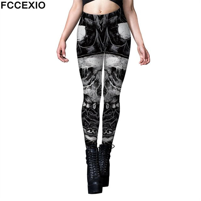 FCCEXIO Halloween Party Rose Skull Print Women Legging Womens Fitness Fashion Leggings Push Up Stretch Leggins Mujer Cosplay