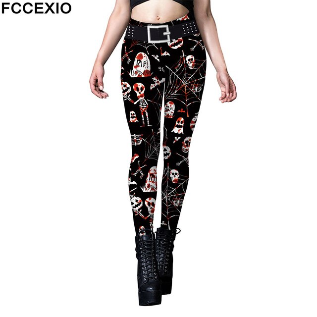 FCCEXIO Halloween Party Rose Skull Print Women Legging Womens Fitness Fashion Leggings Push Up Stretch Leggins Mujer Cosplay