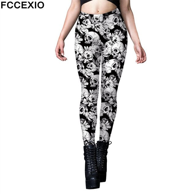 FCCEXIO Halloween Party Rose Skull Print Women Legging Womens Fitness Fashion Leggings Push Up Stretch Leggins Mujer Cosplay