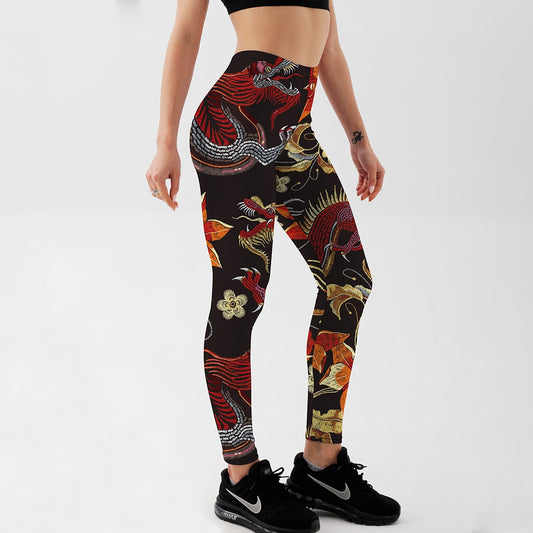 Qickitout Fitness Leggings Women Workout Push Up Legging Fashion Digital Print Fire Dragon Flower Embroidery Jeggings Pants