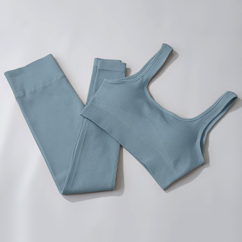 Ribbed Seamless Yoga Set Women Workout Sportswear Gym Clothing Fitness 2 Piece Outfit High Waist Leggings and Sports Bra Set