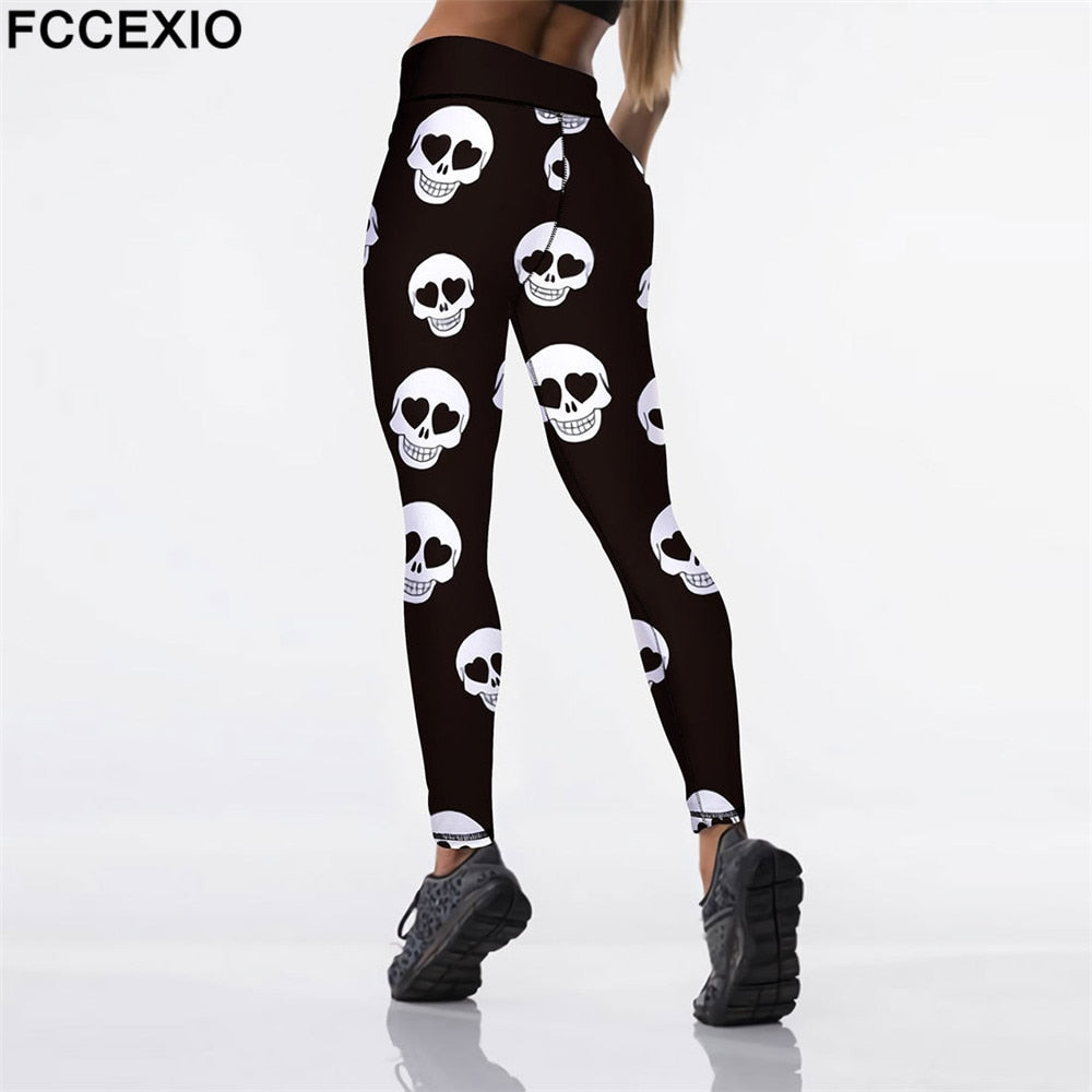 FCCEXIO 3D White Skull Head New Sexy High Waist Fitness Print Leggings Women Workout Push Up Legging Slim Jeggings Women Pants