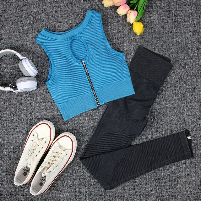 NORMOV Wash Ribbed Yoga Sets 1/2 PCS Sports Sets Zipper Bra Shirts High Waist Fitness Leggings Shorts Women Workout Sets Summer