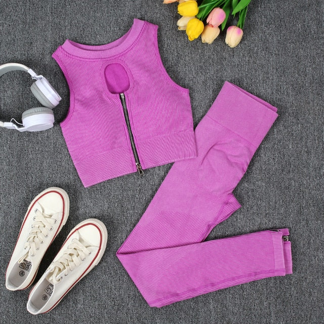 NORMOV Wash Ribbed Yoga Sets 1/2 PCS Sports Sets Zipper Bra Shirts High Waist Fitness Leggings Shorts Women Workout Sets Summer