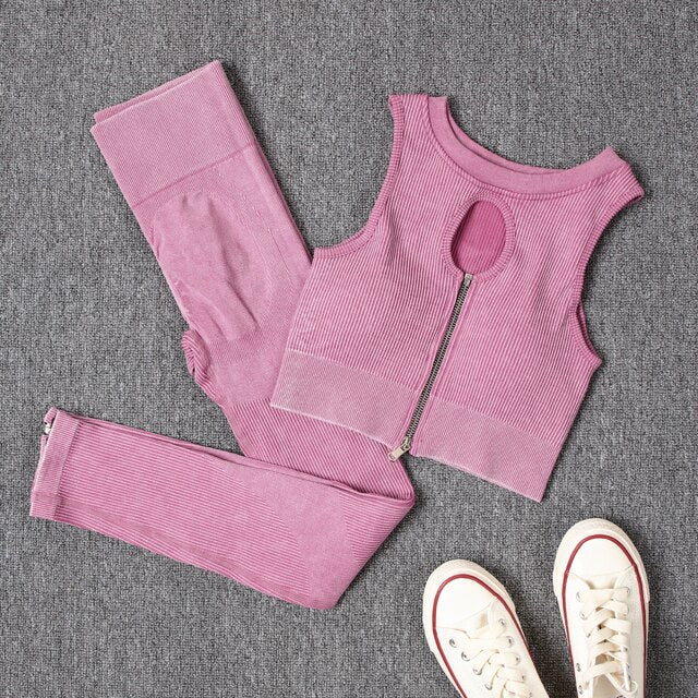 NORMOV Wash Ribbed Yoga Sets 1/2 PCS Sports Sets Zipper Bra Shirts High Waist Fitness Leggings Shorts Women Workout Sets Summer