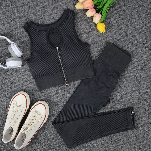 NORMOV Wash Ribbed Yoga Sets 1/2 PCS Sports Sets Zipper Bra Shirts High Waist Fitness Leggings Shorts Women Workout Sets Summer