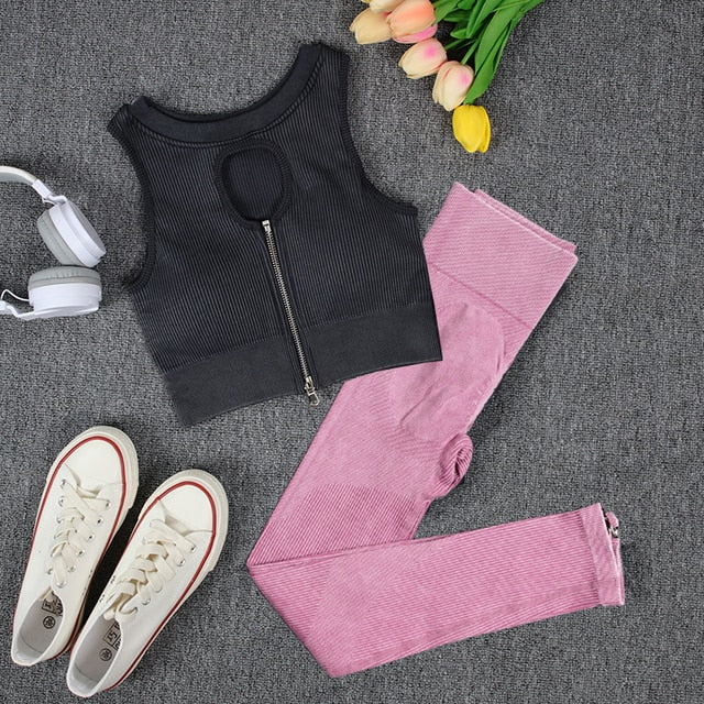 NORMOV Wash Ribbed Yoga Sets 1/2 PCS Sports Sets Zipper Bra Shirts High Waist Fitness Leggings Shorts Women Workout Sets Summer