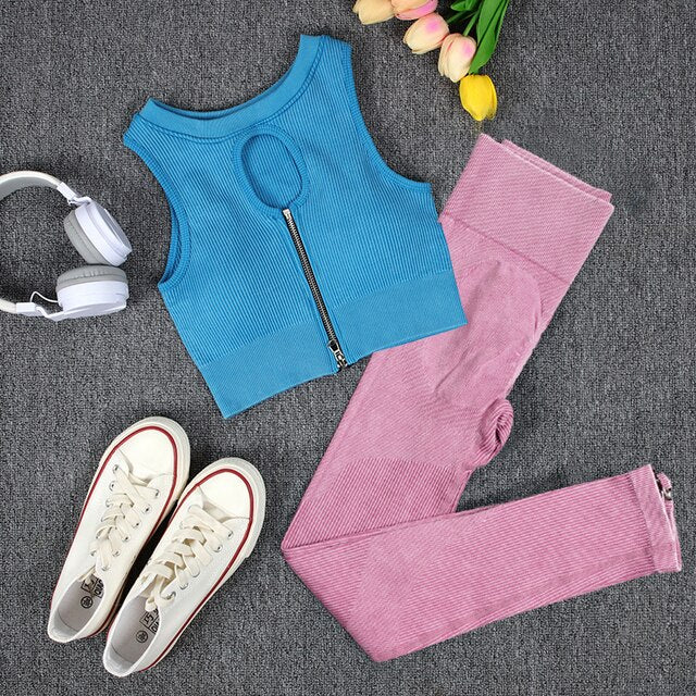 NORMOV Wash Ribbed Yoga Sets 1/2 PCS Sports Sets Zipper Bra Shirts High Waist Fitness Leggings Shorts Women Workout Sets Summer