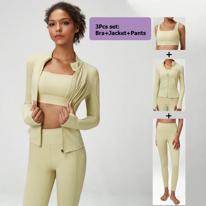 3Pcs Fitness Yoga Set Women Workout Athletic Clothing Long Sleeve Shirt Gym Bras High Waist Leggings Tights-Fitting Sportswear