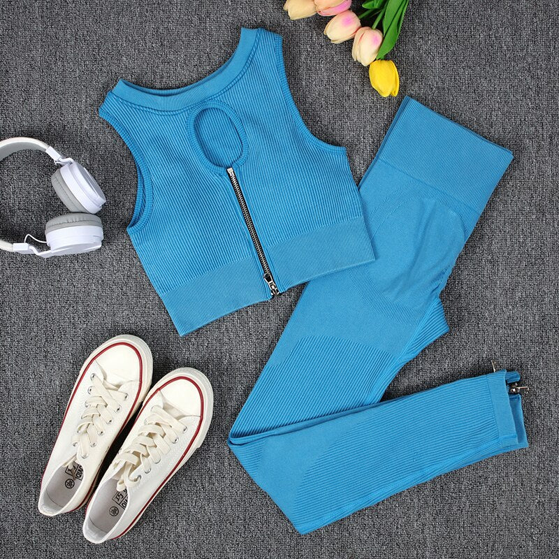 NORMOV Wash Ribbed Yoga Sets 1/2 PCS Sports Sets Zipper Bra Shirts High Waist Fitness Leggings Shorts Women Workout Sets Summer