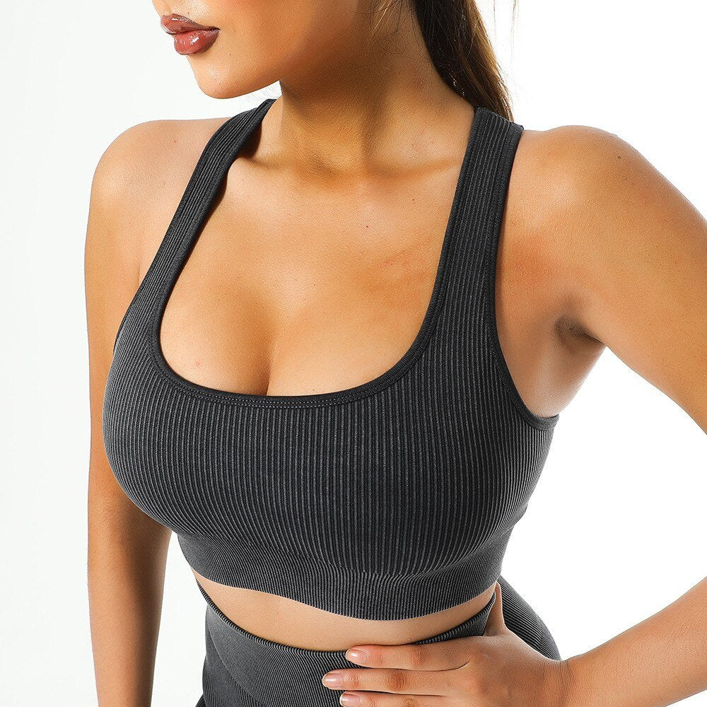 Seamless Gym Set Scrunch Butt Leggings Women Workout Clothing Sports Bra Crop Top Ribbed Long Sleeves Fitness Leggings Outfits