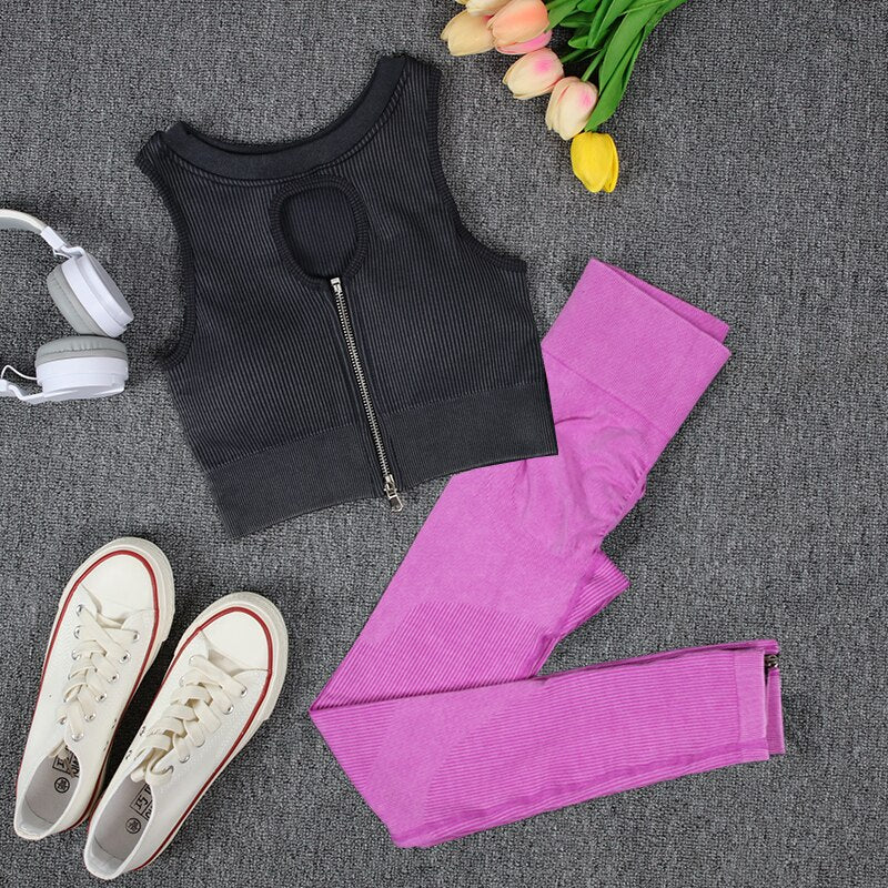NORMOV Wash Ribbed Yoga Sets 1/2 PCS Sports Sets Zipper Bra Shirts High Waist Fitness Leggings Shorts Women Workout Sets Summer