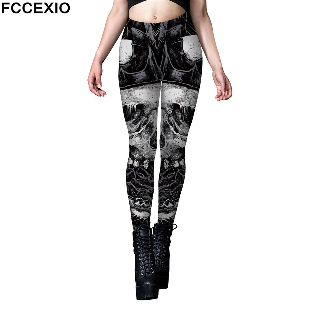 FCCEXIO Halloween Party Rose Skull Print Women Legging Womens Fitness Fashion Leggings Push Up Stretch Leggins Mujer Cosplay