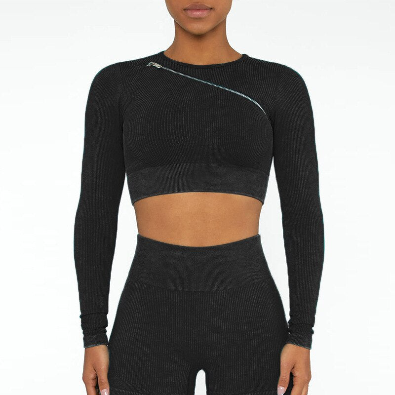 Seamless Gym Set Scrunch Butt Leggings Women Workout Clothing Sports Bra Crop Top Ribbed Long Sleeves Fitness Leggings Outfits