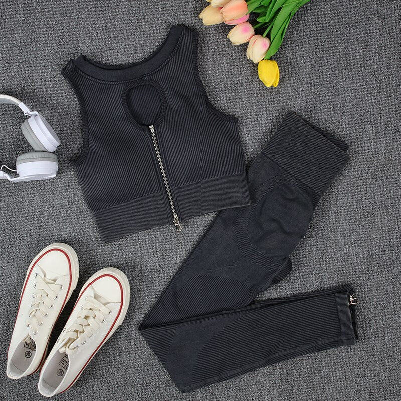 NORMOV Wash Ribbed Yoga Sets 1/2 PCS Sports Sets Zipper Bra Shirts High Waist Fitness Leggings Shorts Women Workout Sets Summer