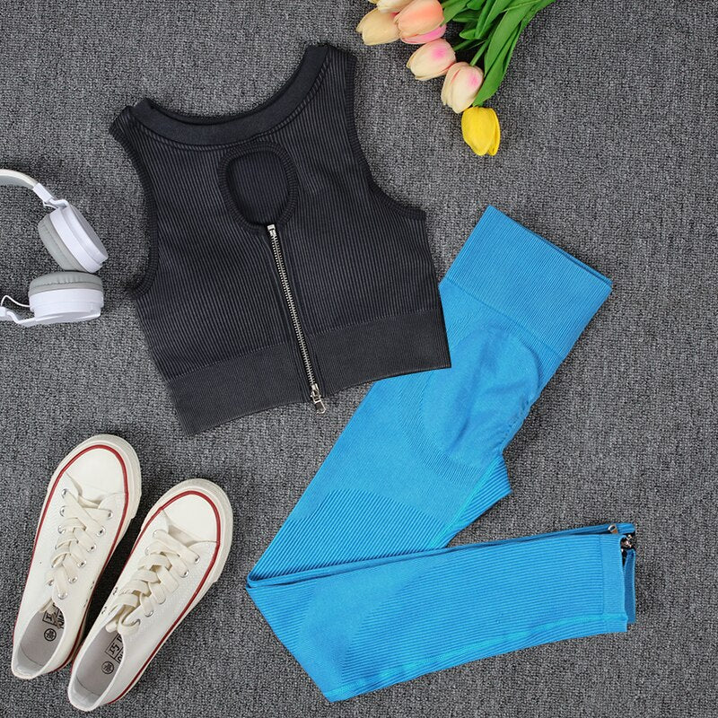 NORMOV Wash Ribbed Yoga Sets 1/2 PCS Sports Sets Zipper Bra Shirts High Waist Fitness Leggings Shorts Women Workout Sets Summer