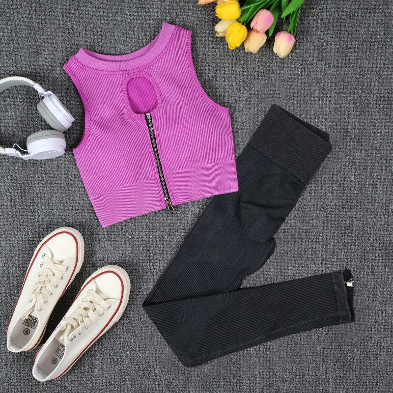 NORMOV Wash Ribbed Yoga Sets 1/2 PCS Sports Sets Zipper Bra Shirts High Waist Fitness Leggings Shorts Women Workout Sets Summer