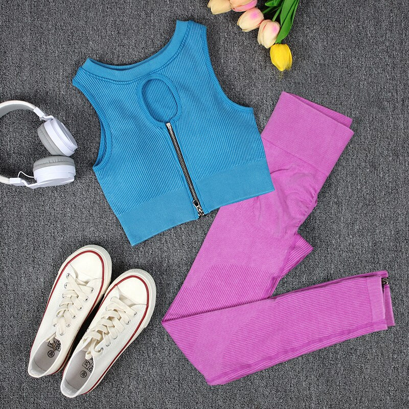 NORMOV Wash Ribbed Yoga Sets 1/2 PCS Sports Sets Zipper Bra Shirts High Waist Fitness Leggings Shorts Women Workout Sets Summer