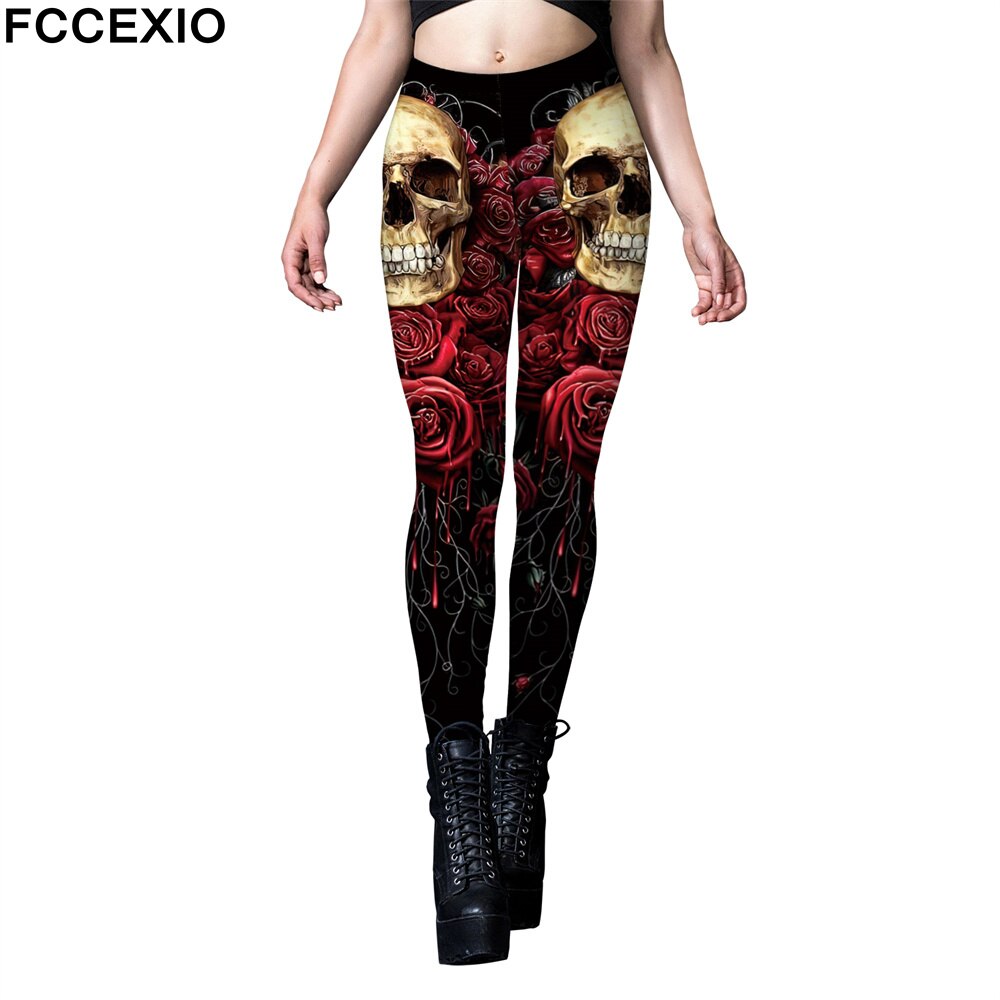 FCCEXIO Halloween Party Rose Skull Print Women Legging Womens Fitness Fashion Leggings Push Up Stretch Leggins Mujer Cosplay