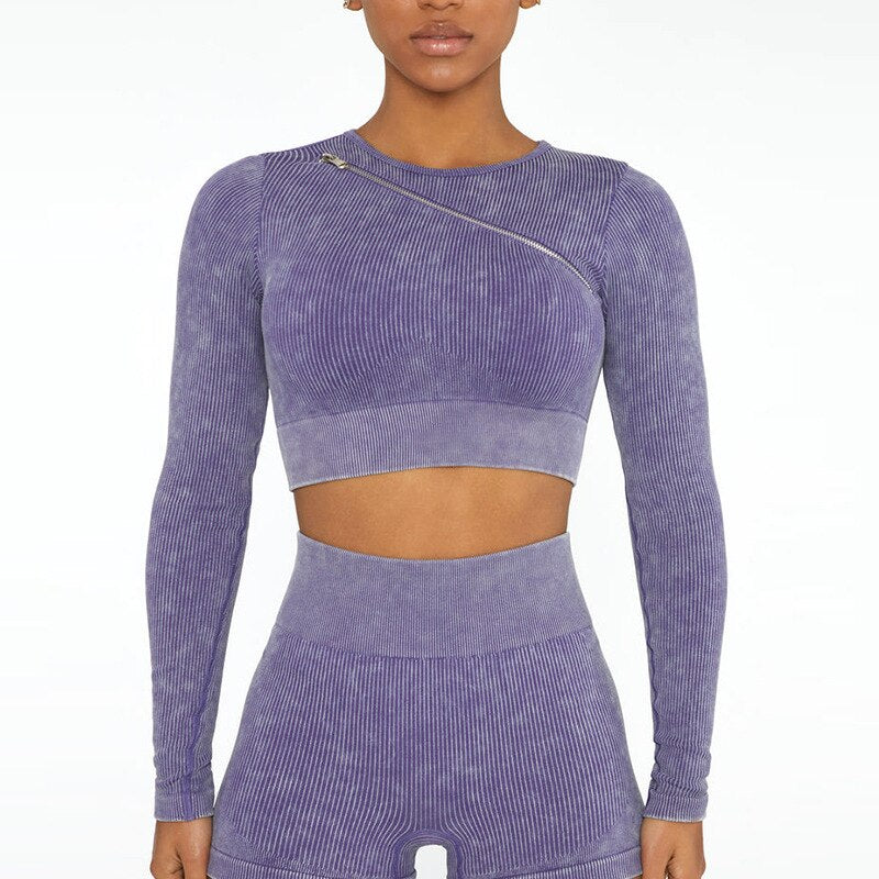 Seamless Gym Set Scrunch Butt Leggings Women Workout Clothing Sports Bra Crop Top Ribbed Long Sleeves Fitness Leggings Outfits