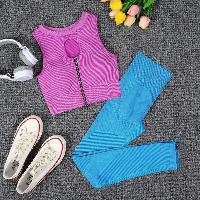 NORMOV Wash Ribbed Yoga Sets 1/2 PCS Sports Sets Zipper Bra Shirts High Waist Fitness Leggings Shorts Women Workout Sets Summer
