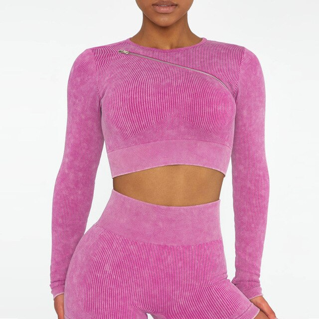 Seamless Gym Set Scrunch Butt Leggings Women Workout Clothing Sports Bra Crop Top Ribbed Long Sleeves Fitness Leggings Outfits