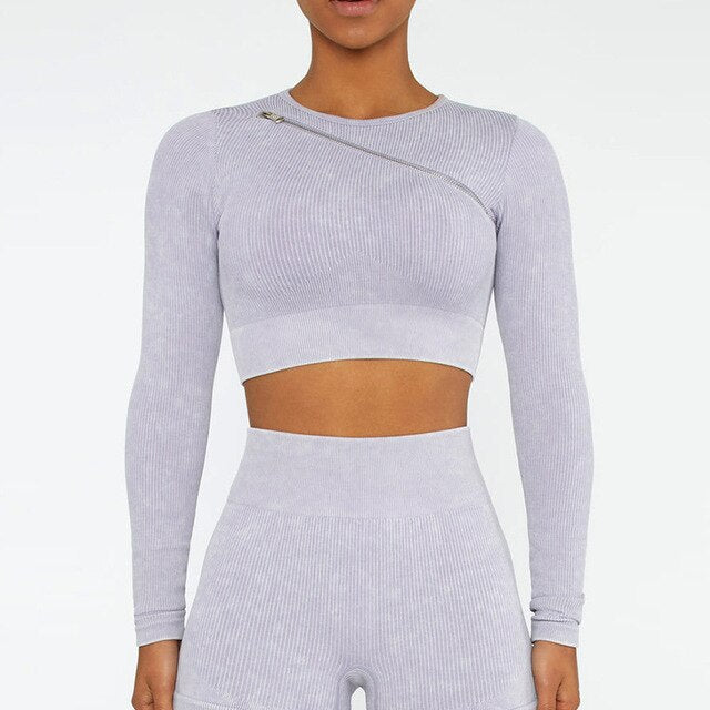 Seamless Gym Set Scrunch Butt Leggings Women Workout Clothing Sports Bra Crop Top Ribbed Long Sleeves Fitness Leggings Outfits