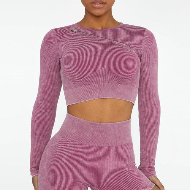 Seamless Gym Set Scrunch Butt Leggings Women Workout Clothing Sports Bra Crop Top Ribbed Long Sleeves Fitness Leggings Outfits