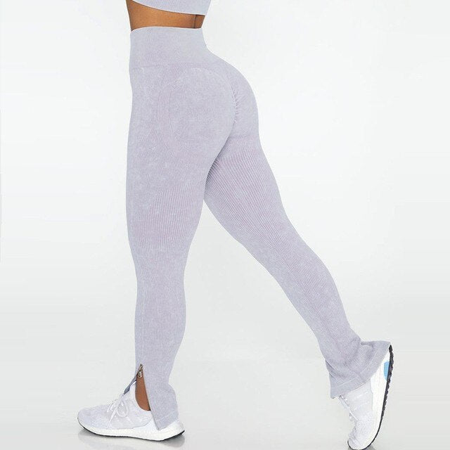 Seamless Gym Set Scrunch Butt Leggings Women Workout Clothing Sports Bra Crop Top Ribbed Long Sleeves Fitness Leggings Outfits