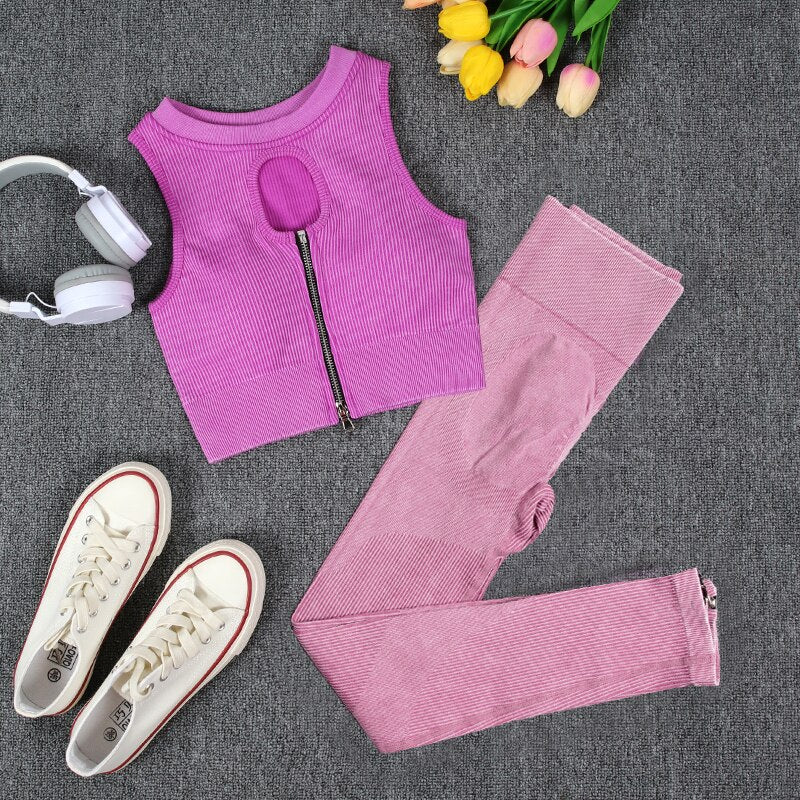NORMOV Wash Ribbed Yoga Sets 1/2 PCS Sports Sets Zipper Bra Shirts High Waist Fitness Leggings Shorts Women Workout Sets Summer