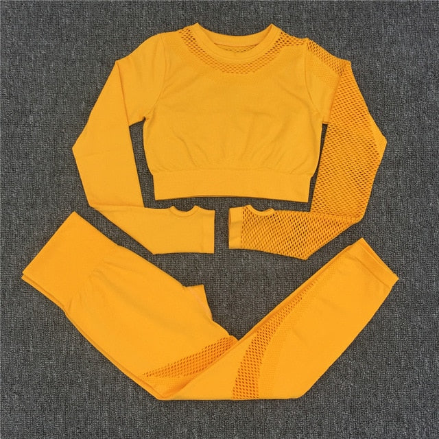 Yoga Set Women Sport Suit Gym Clothes 2 Piece Seamless Hollow Out Fitness Long Sleeve Crop Top High Waist Workout Leggings