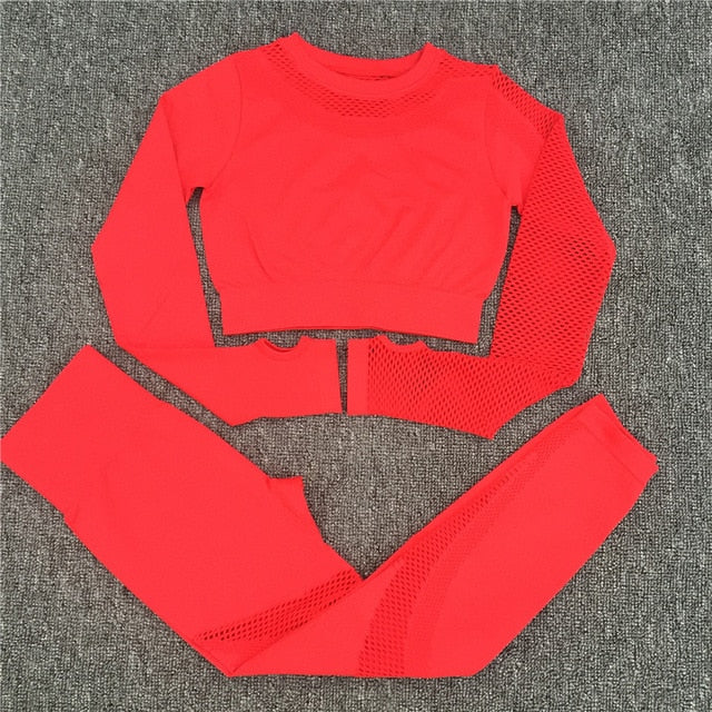 Yoga Set Women Sport Suit Gym Clothes 2 Piece Seamless Hollow Out Fitness Long Sleeve Crop Top High Waist Workout Leggings