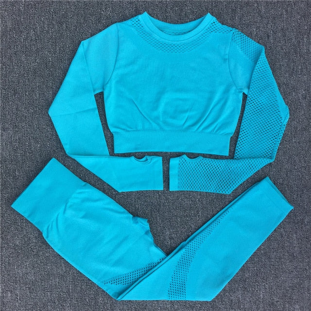Yoga Set Women Sport Suit Gym Clothes 2 Piece Seamless Hollow Out Fitness Long Sleeve Crop Top High Waist Workout Leggings