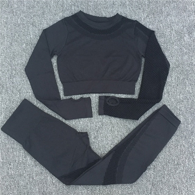 Yoga Set Women Sport Suit Gym Clothes 2 Piece Seamless Hollow Out Fitness Long Sleeve Crop Top High Waist Workout Leggings