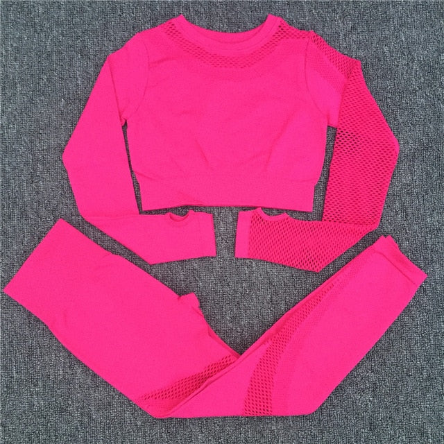 Yoga Set Women Sport Suit Gym Clothes 2 Piece Seamless Hollow Out Fitness Long Sleeve Crop Top High Waist Workout Leggings