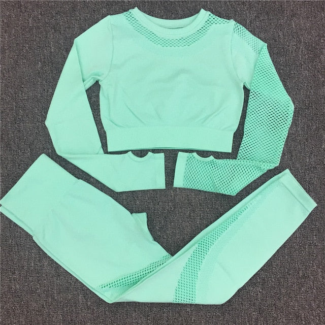 Yoga Set Women Sport Suit Gym Clothes 2 Piece Seamless Hollow Out Fitness Long Sleeve Crop Top High Waist Workout Leggings