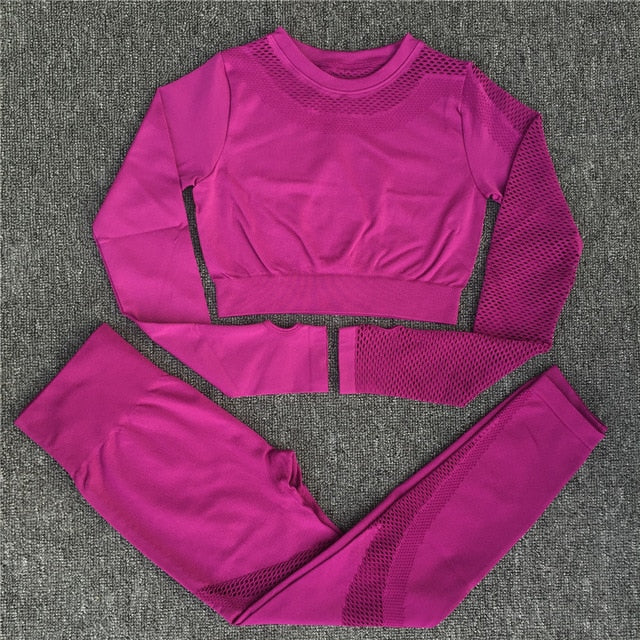 Yoga Set Women Sport Suit Gym Clothes 2 Piece Seamless Hollow Out Fitness Long Sleeve Crop Top High Waist Workout Leggings