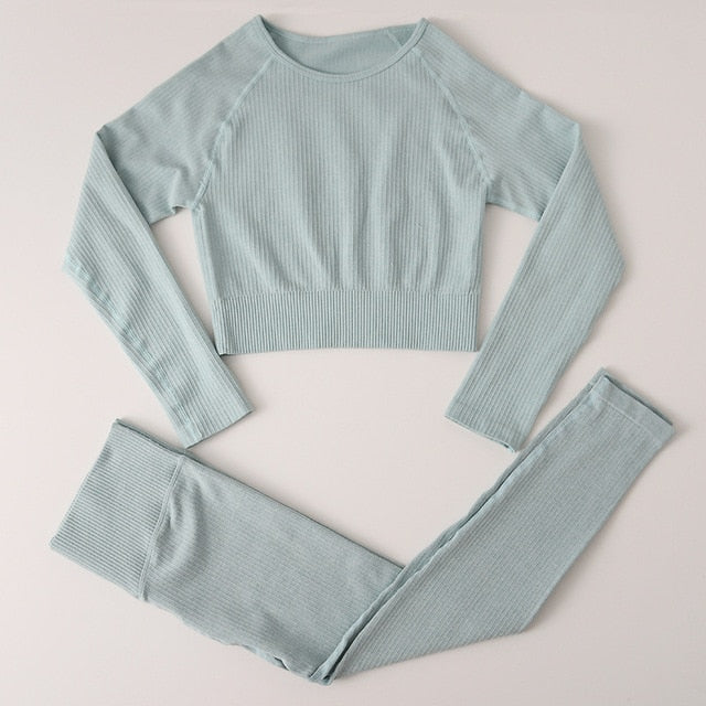 Peeli Ribbed Seamless Yoga Set Sport Suit Workout Clothes for Women Long Sleeve Gym Crop Top High Waist Leggings Fitness Set